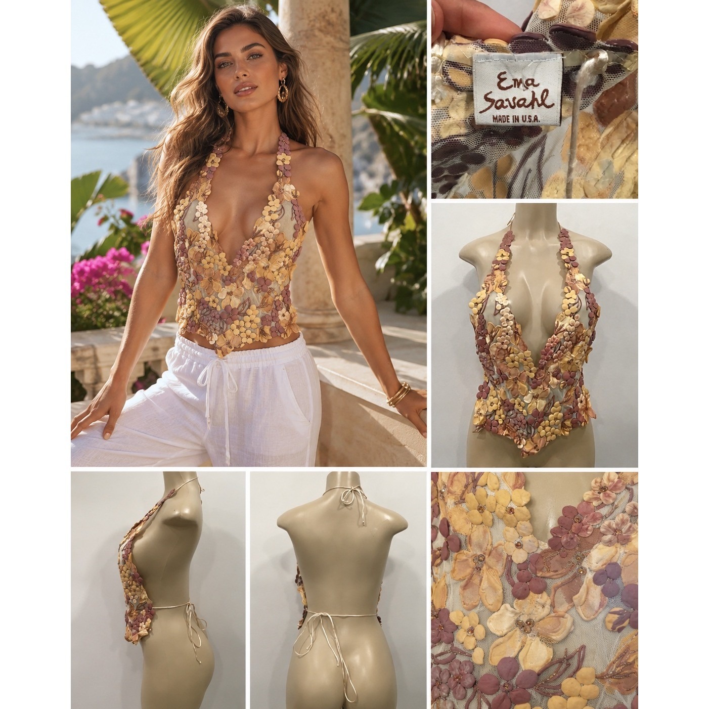 Ema Savahl Halter Top Womens Yellow Hand Painted 3d Floral Mesh Small Y2k Fairy